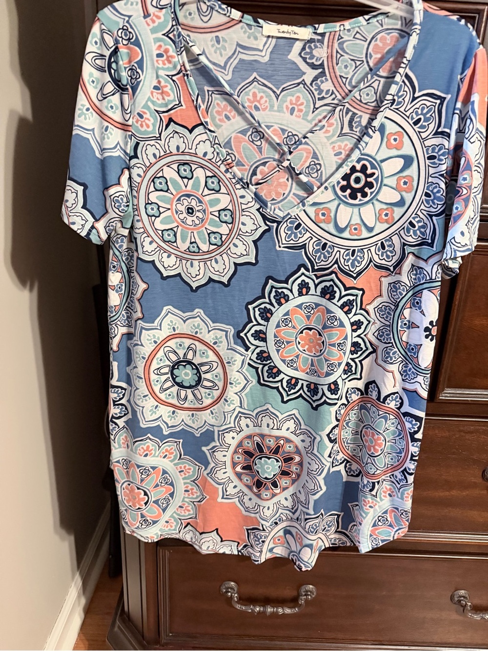 Blue & Coral Medallion V-Neck Tee